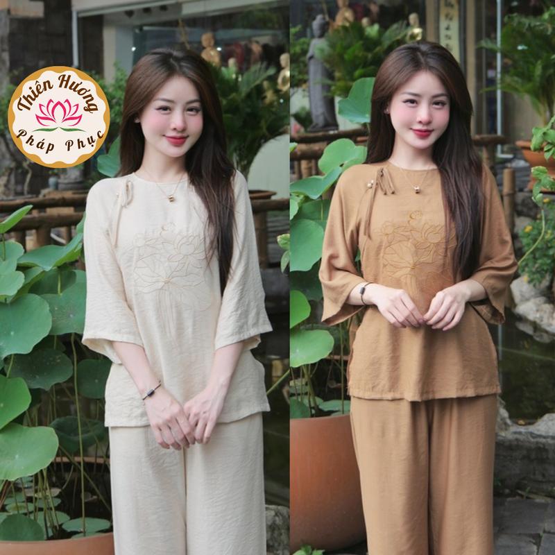 Đồ bộ đi chùa thêu sen cổ tròn vải đũi tơ Pháp phục đi lễ tay lỡ cách tân Set đồ lam nữ đính ngọc thắt vải đũi mát Women Áo