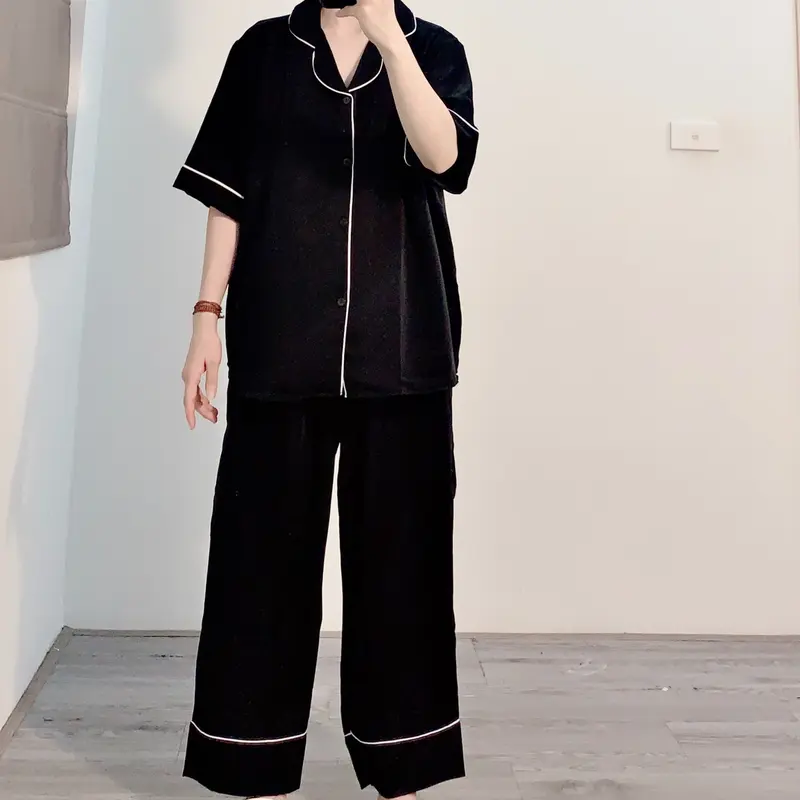 Bộ Pijama Bigsize đen trơn cộc dài chất lụa Mango mặc nhà dành cho nữ có size từ 40kg đến 90kg. 1