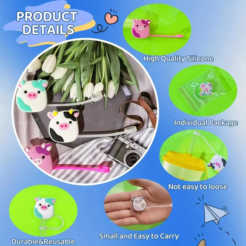 Cute Cartoon Animal Design Straw Lid, 4pcs/6pcs Reusable Silicone Straw Tip Cover for 7-8mm Straw, Drinkware Accessories 4