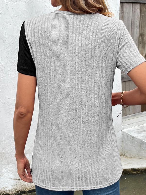 Women's Colorblock Asymmetrical Button Decor Split Hem Ribbed Crew Neck Tee, Summer Clothes, Casual Fashion Short Sleeve Round Neck T-shirt for Summer, Elegant Classy Tops, Womenswear 5