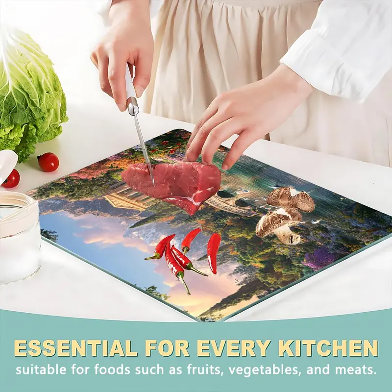 Landscape Pattern Kitchen Chopping Board, 1 Count Non-slip Heat Resistant Cutting Board with Handle, Kitchen Decorative Placemat 7