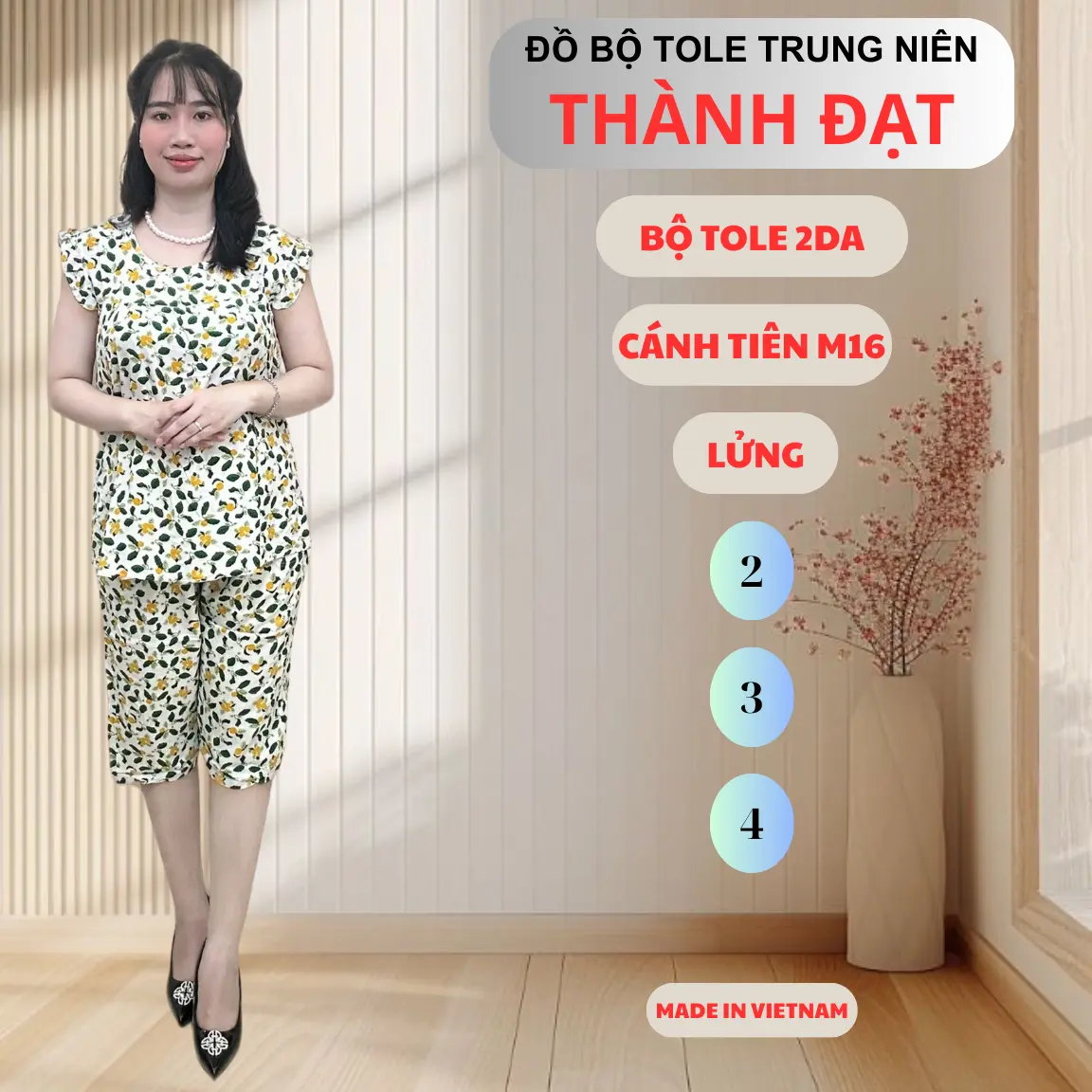 ĐỒ BỘ MẶC NHÀ TOLE 2 DA LỬNG TAY CÁNH TIÊN MÃ 16 BÔNG ĐẸP