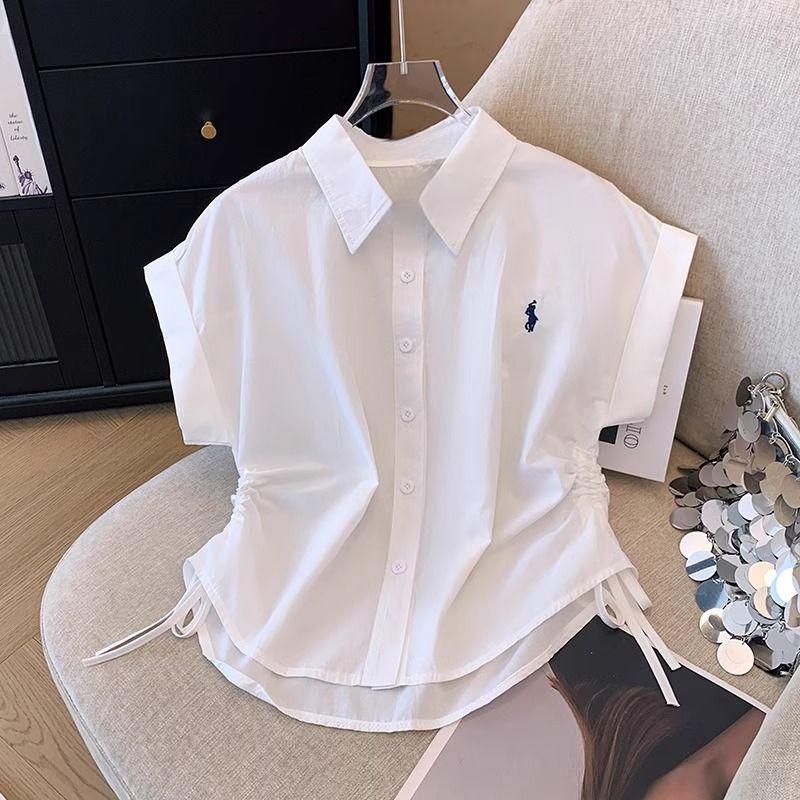 Áo Sơ Mi ngắn Tay Thiết Kế Dây Rút Phong Cách Hồng Kông, Ngọt Ngào Và Ngầu, Cổ Polo Thêu, Dành Cho Nữ, Trang Phục Mùa Hè, Áo Cardigan Không Đều Thanh Lịch 5