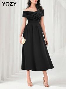 YOZY Women's Plain Off Shoulder Ruched Wrap Dress, Elegant Short Sleeve A Line Dress for Party Holiday Wedding Guest, Ladies Clothes for All Seasons