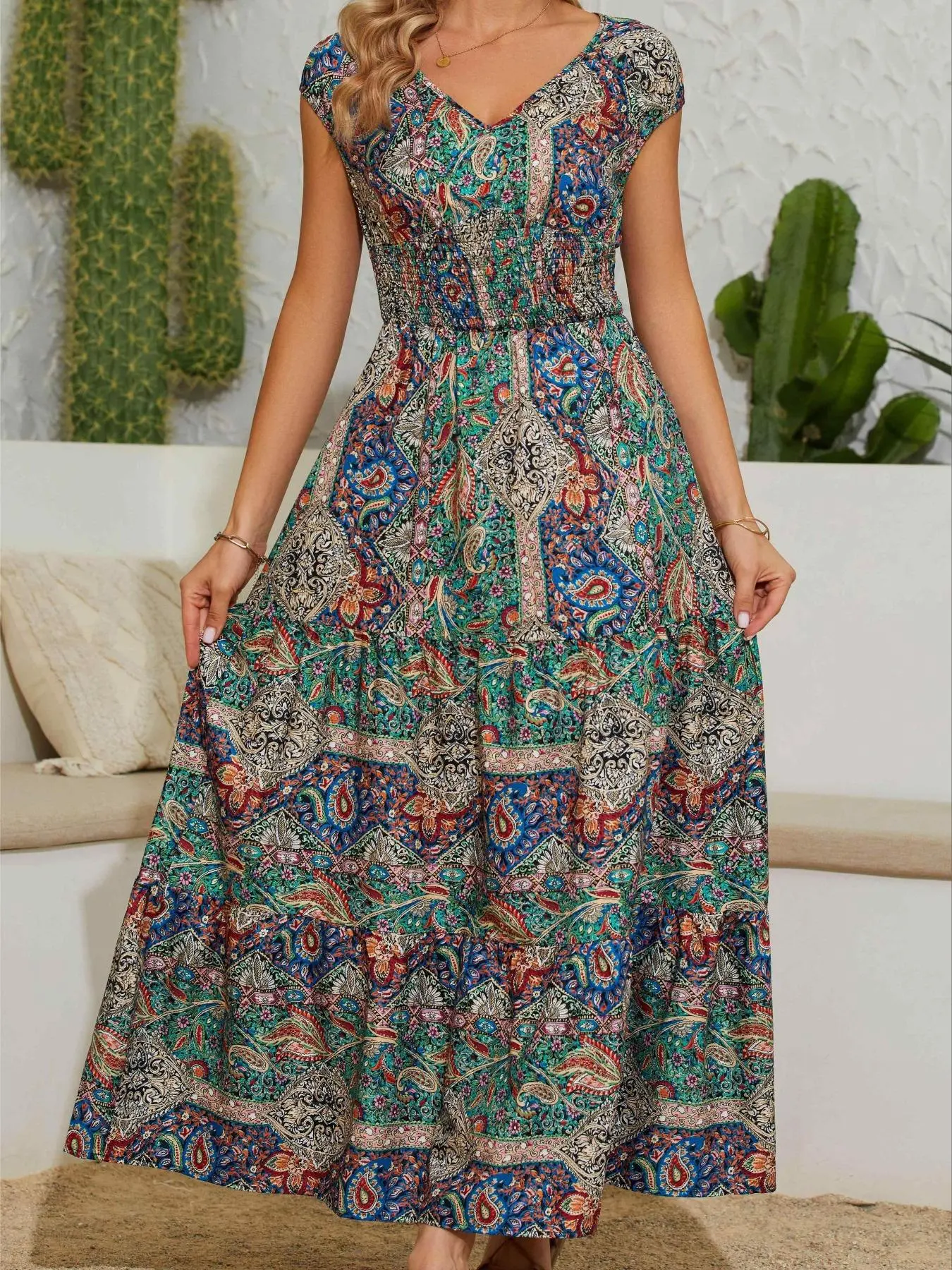 Women's Ethnic Pattern Shirred A Line Dress, Summer Clothes Women, Boho Long Dress for Daily Wear Holiday Vacation, Ladies Dress for Summer, Womenswear