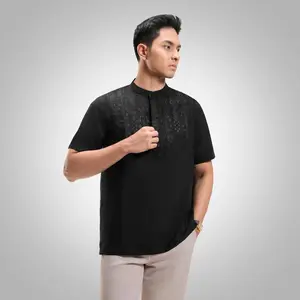 CUTOFF Hassan Embroidered Collarless Shirt Kemeja Koko Bordir Pria Lengan Pendek - Black, S