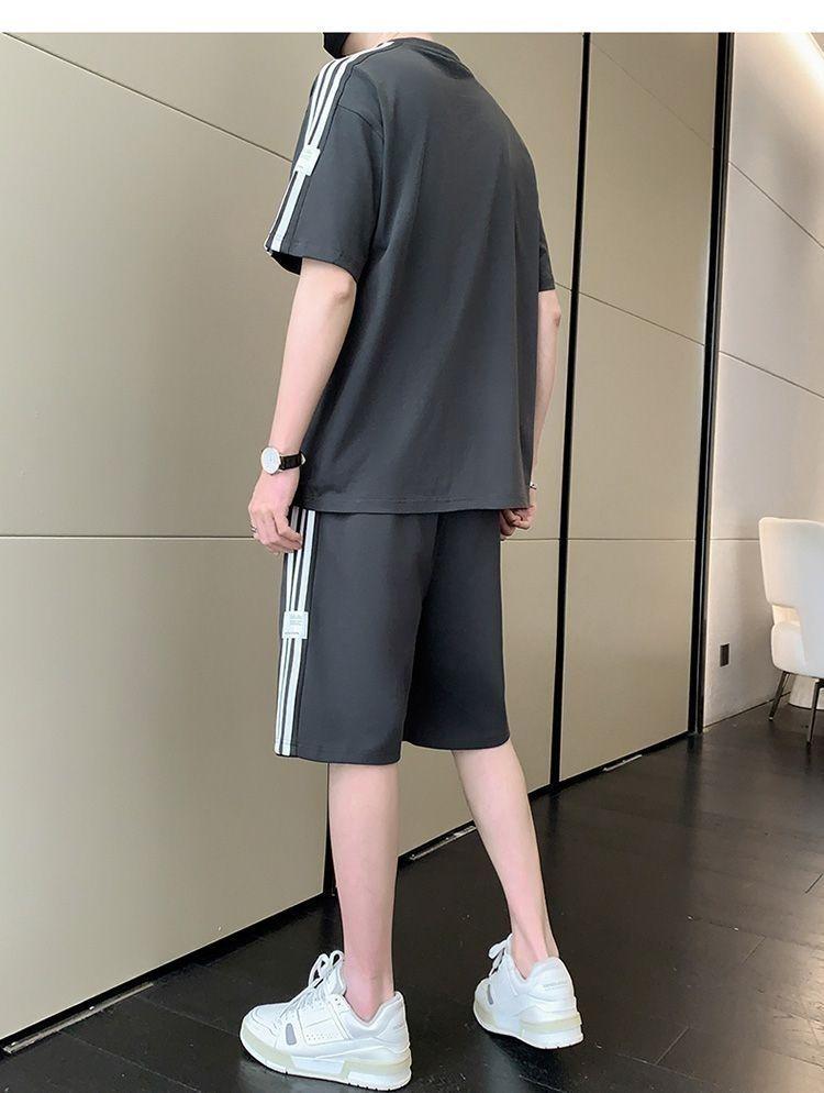 Product Introduction of Summer Men's Fashion Set Trendy Full Set Casual Loose Stylish Shorts Set One Complete Set with Three Stripes Sports 20
