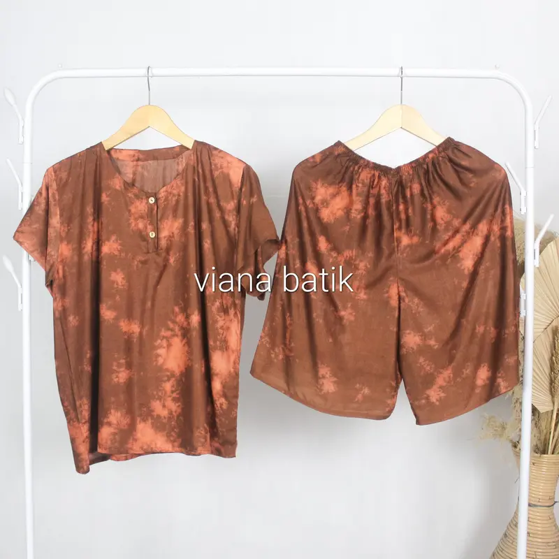 Setelan Baju Tidur Wanita Piyama Celana Pendek Motif Tie Dye Asap Bahan Rayon 2