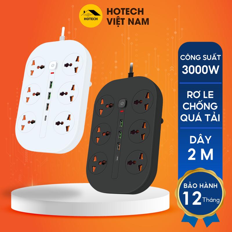 Ổ Cắm Điện Đa Năng Thông Minh Hotech Chịu Tải 3000W Cổng Sạc Usb Và Type C 10W Dây 3M Rơ Le Chống Giật Chống Cháy OD23H
