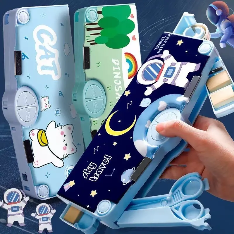 Kotak Pensil Multifungsi Motif Unicorn / Dinosaurus / Astronot Untuk Anak Lengkap Peruncing Gunting Isolasi Penghapus Penggaris