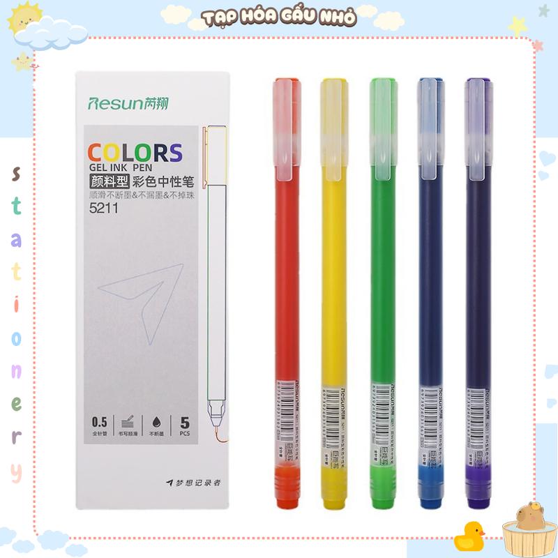 Hộp 5 bút gel màu Colors RESUN 5211 ngòi 0.5mm mực màu ống lớn văn phòng phẩm taphoagaunho but gel