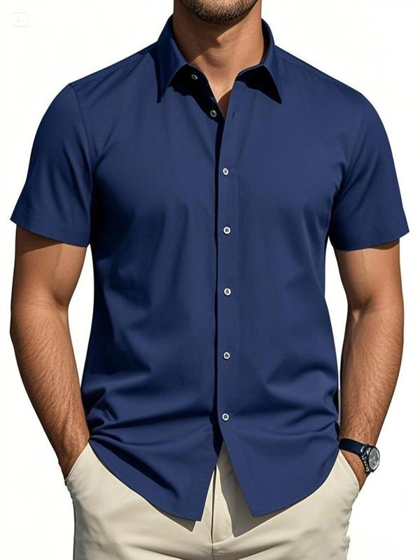Men's Regular Fit Solid Short Sleeve Shirt, Casual Button Down Collared Top for Summer, Fashion Men's Clothes for Daily Wear 8