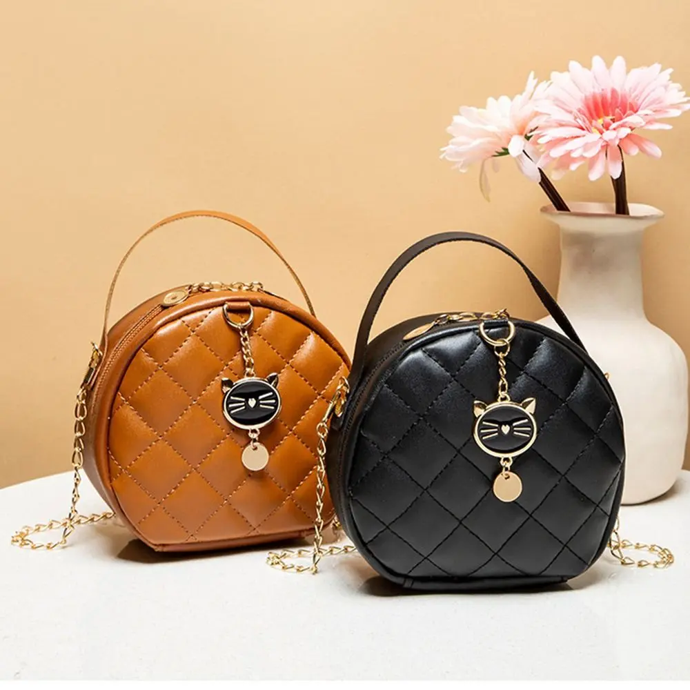 Women Ladies Simple Cute Cat Round Handbags Chain Shoulder Bags Crossbody Messenger Bag