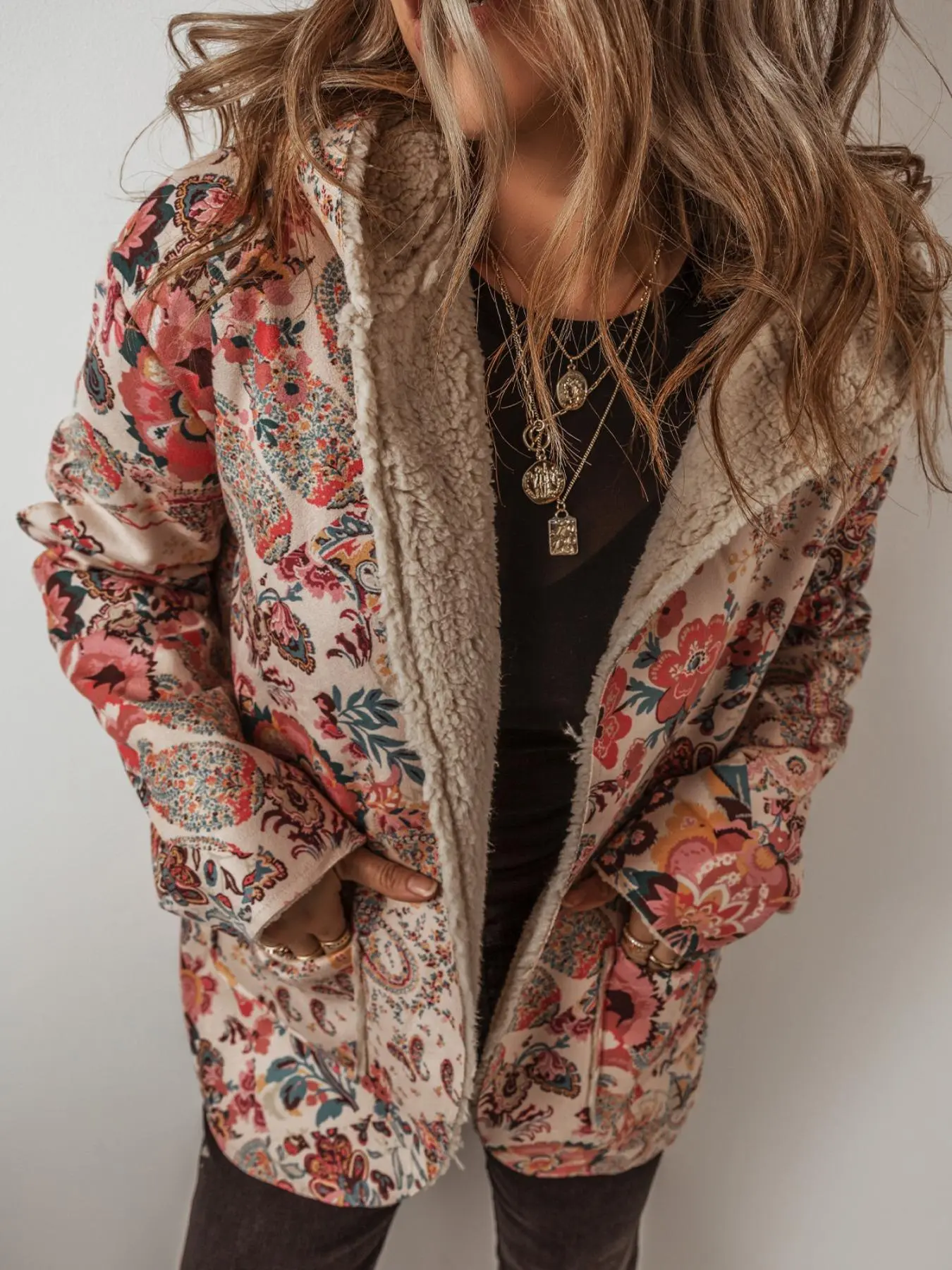 Women's Floral Print Thermal Lined Hooded Coat, Vintage Casual Long Sleeve Open Front Outerwear for Fall & Winter, Ladies Clothes for Daily Wear