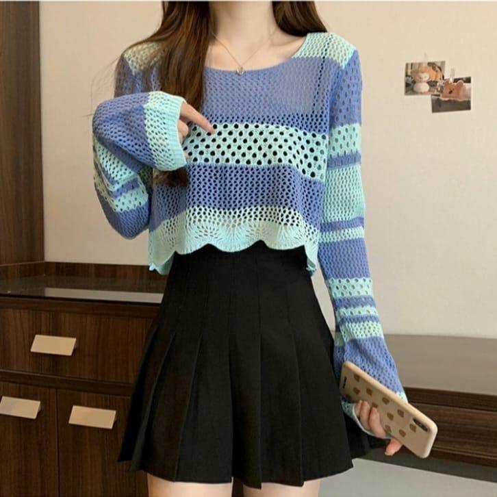 Vilave Atasan Blouse Wanita Hollow Knitted Korean Style Top Import J1221 6