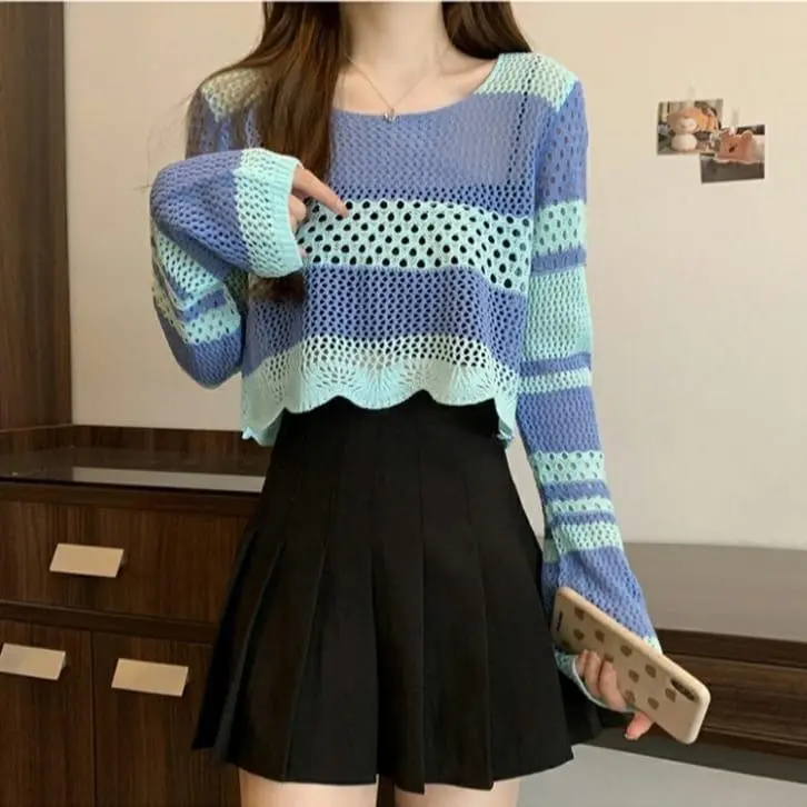 Vilave Atasan Blouse Wanita Hollow Knitted Korean Style Top Import J1221 6