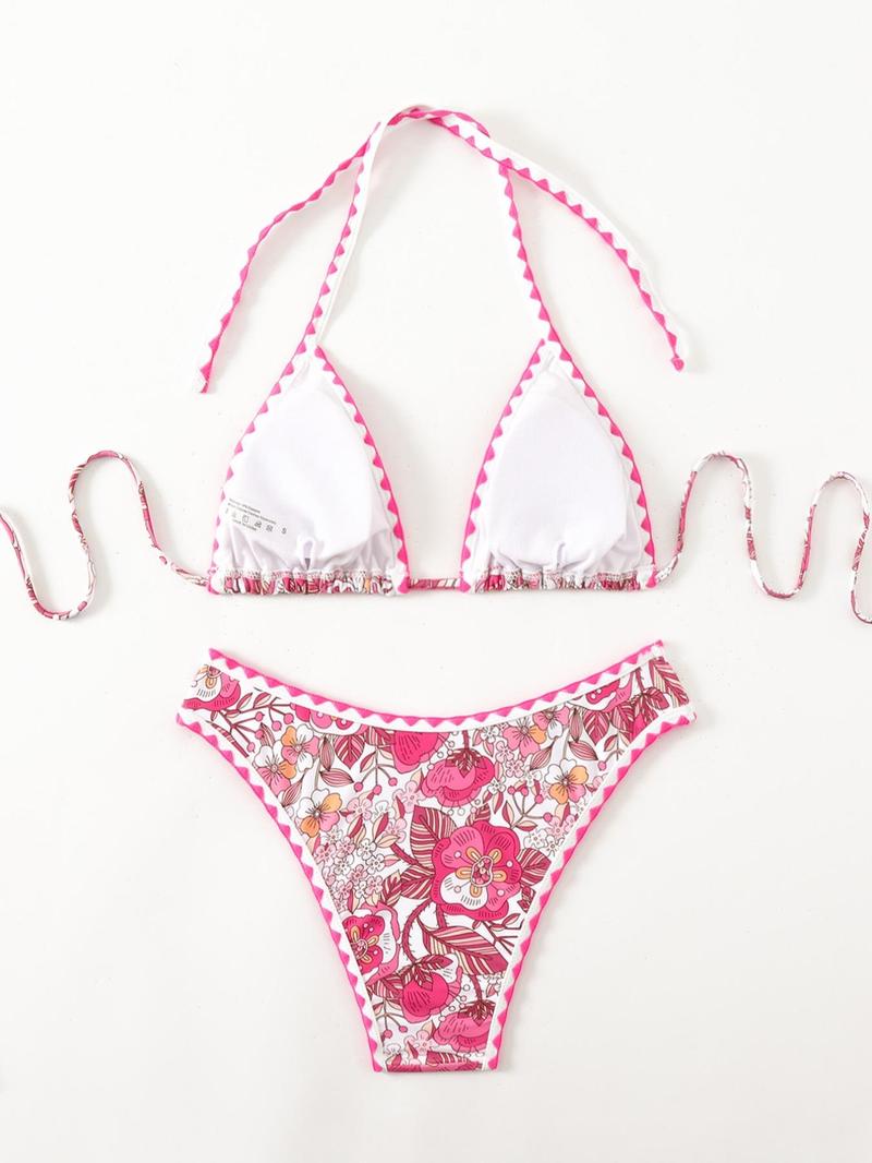 Product Introduction of Two-piece Set Women's Floral Print Halter Bikini Set, Fashion Chic Tie Back Triangle Swim Bra & High Cut Swim Panty, Ladies Swimsuit for Beach Holiday Vacation 7