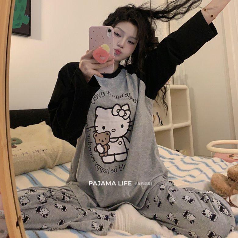 Bộ Đồ Ngủ Mèo Con, Hàng Mới Về Mùa Xuân Và Mùa Thu, Trang Phục Thường Ngày Cho Nữ, Cổ Tròn, Quần Dài Tay Ngọt Ngào Bộ Đồ Mặc Nhà, Có Thể Đi Chơi 4