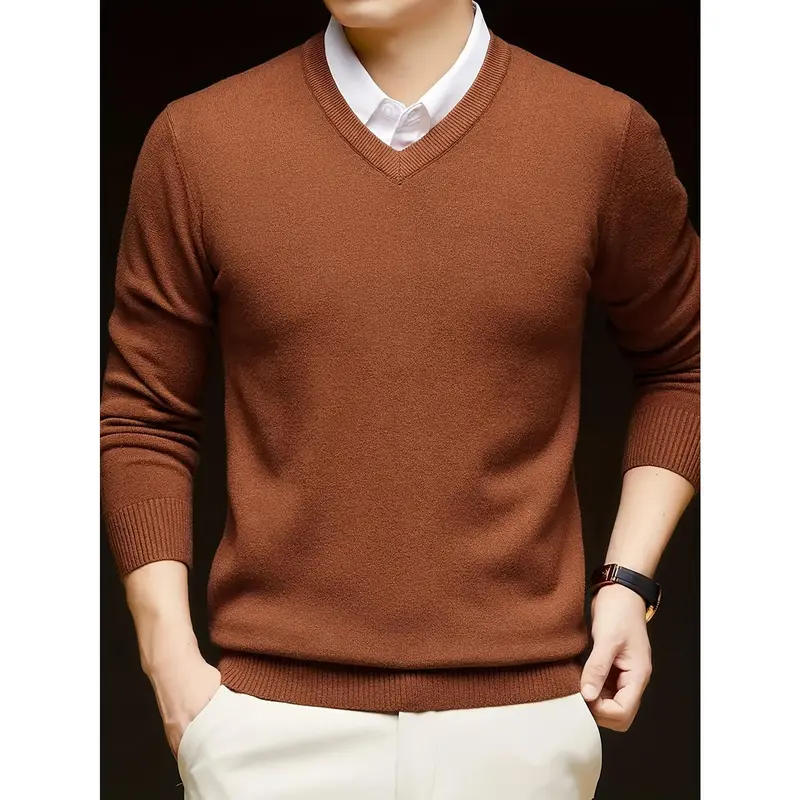 [Long Sleeve V-Neck Pullover Sweater] Men'S V-Neck Pullover Sweater, Rayon Blend Knitwear, Solid Color, Long Sleeve, Regular Fit, Stretch Fabric, for Daily & Casual Wear 2