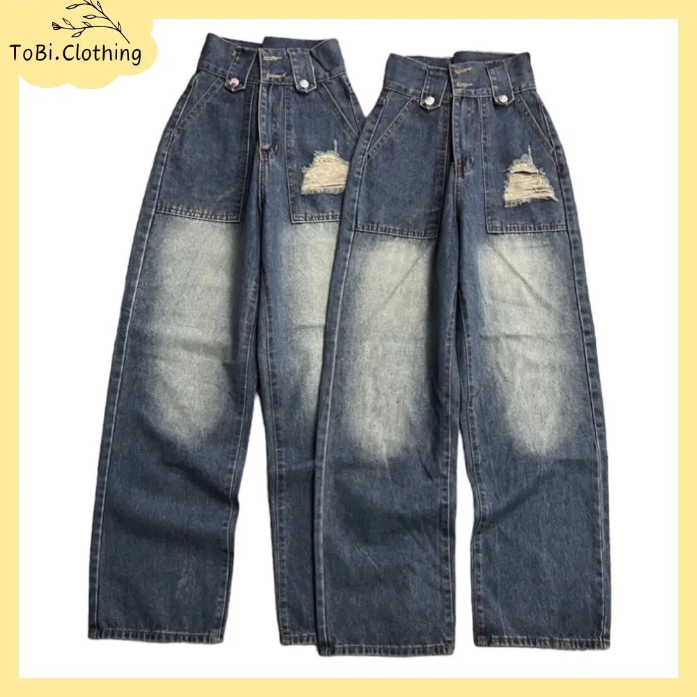 Quần bò jean nữ ống suông xanh đậm mài đùi lưng cao hai nút - 5521 - Women,  Pants chất liệu jean cottog không co giãn