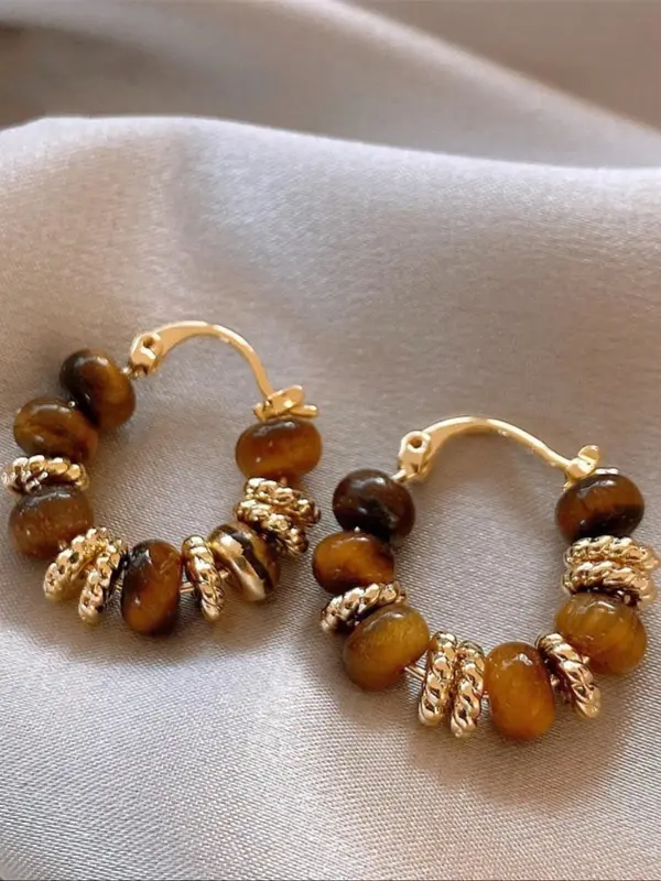 Vintage Tiger Eye Stone Decorated Hoop Earrings, Fashionable Jewelry for Women & Girls, Trendy All-match & Exquisite Jewelry for Birthday Gift 3