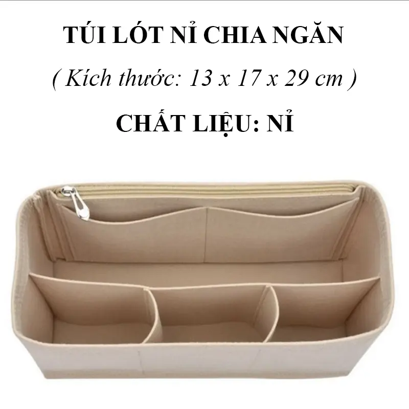 Túi lót nỉ chia ngăn có khóa kéo kích thước 17 x 13 x 29 cm, lót túi bỉm sữa Kem Cho Bé Balo