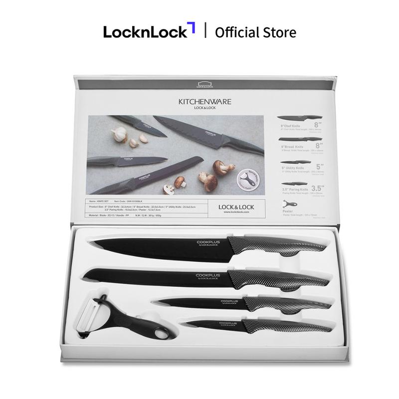 Bộ dao nhà bếp 5 món COOKPLUS LocknLock CKK101S5BLK - Dao thép không gỉ, bọc sứ chống dính