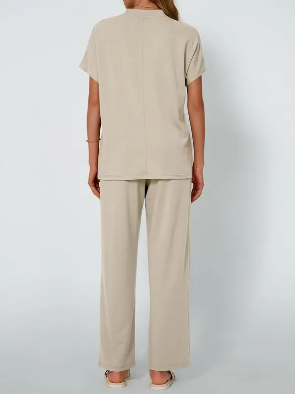 Women's Solid Color Shortsleeve Top & Pants Loungewear Two-Piece Set, Casual Comfy Short Sleeve Tee & Trousers Pajama Set, Ladies Sleepwear for Summer, Womenswear, Pjs 7