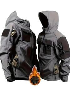 Men's Solid Color Shark Skin Soft Shell Jacket, Casual Windproof Waterproof Multi-pocket Anti-scratch Thick Warm Jacket for Outdoor Activities, Menswear