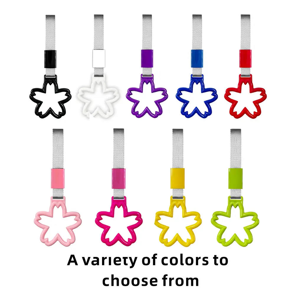 Universal Sakura-Shaped Car Decoration Interior Handle Decor & Exterior Safety Accessory Duty Grey Nylon Towing Hook Pull Ring With Anti-Collision Bumper Warning Loop Bumper Gift Idea