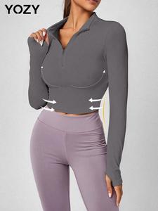 YOZY Women's Solid Zipper Stand Collar Tee, Casual Thumb Hole Design Long Sleeve T-shirt for Daily Wear, Ladies Clothes for All Seasons