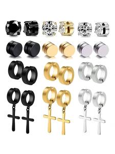 Arete magnéticos estilo punk para hombre, manguitos de oreja decorativos con elegantes strass, joyería de acero inoxidable con diseño de cruz, moda para fiestas y uso diario