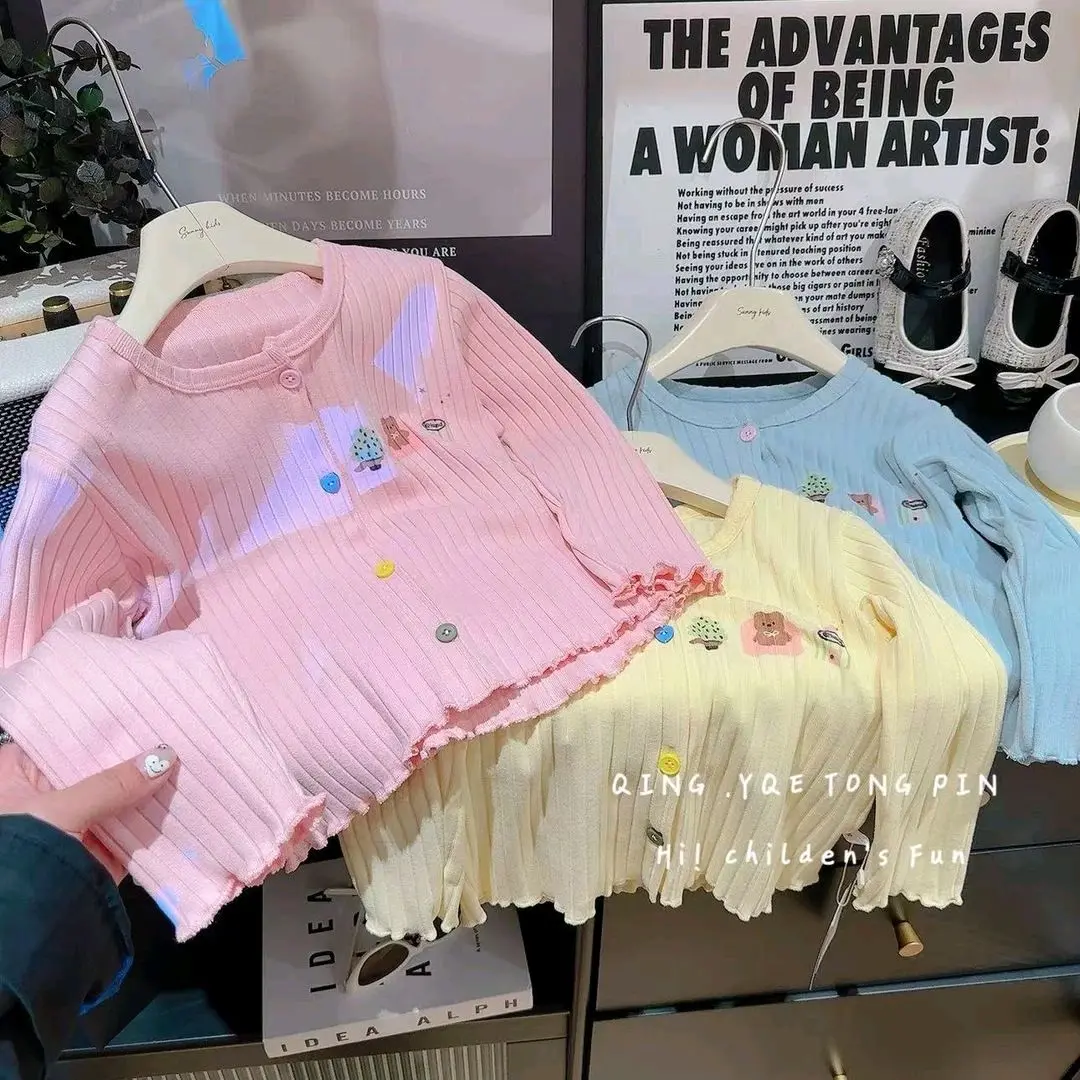 Girls' New Spring and Autumn Knitted Cardigan Base Shirt Fashionable Printed Inner Wear for Girls Versatile Outerwear for Girls