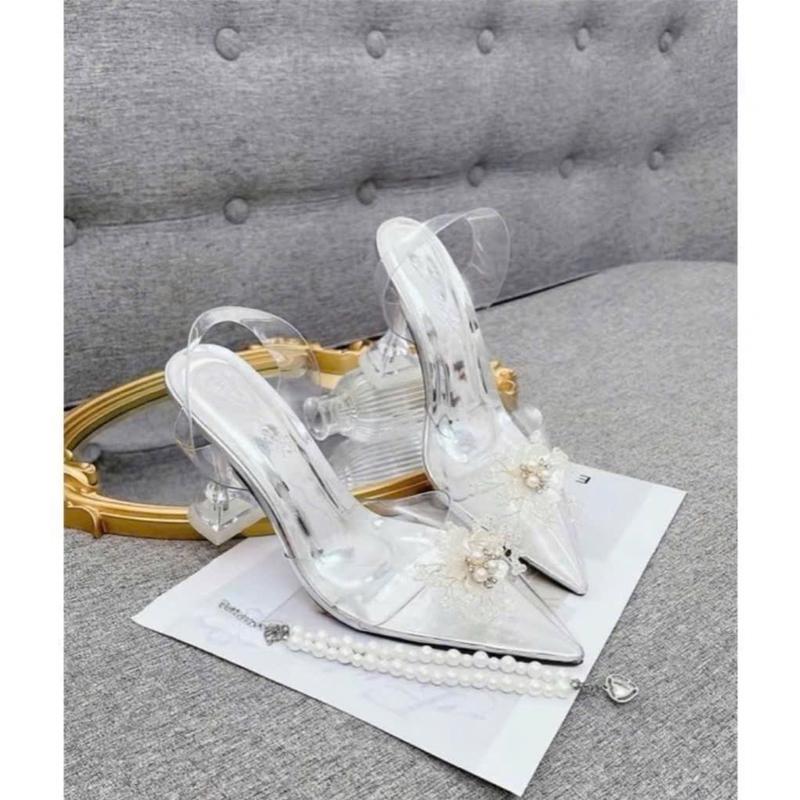  Giầy mica trong suốt đính hoa đá cao cấp Guốc mũi nhọn cao 5p&7p đi chơi dự tiệc Nữ Shoes GiàY 