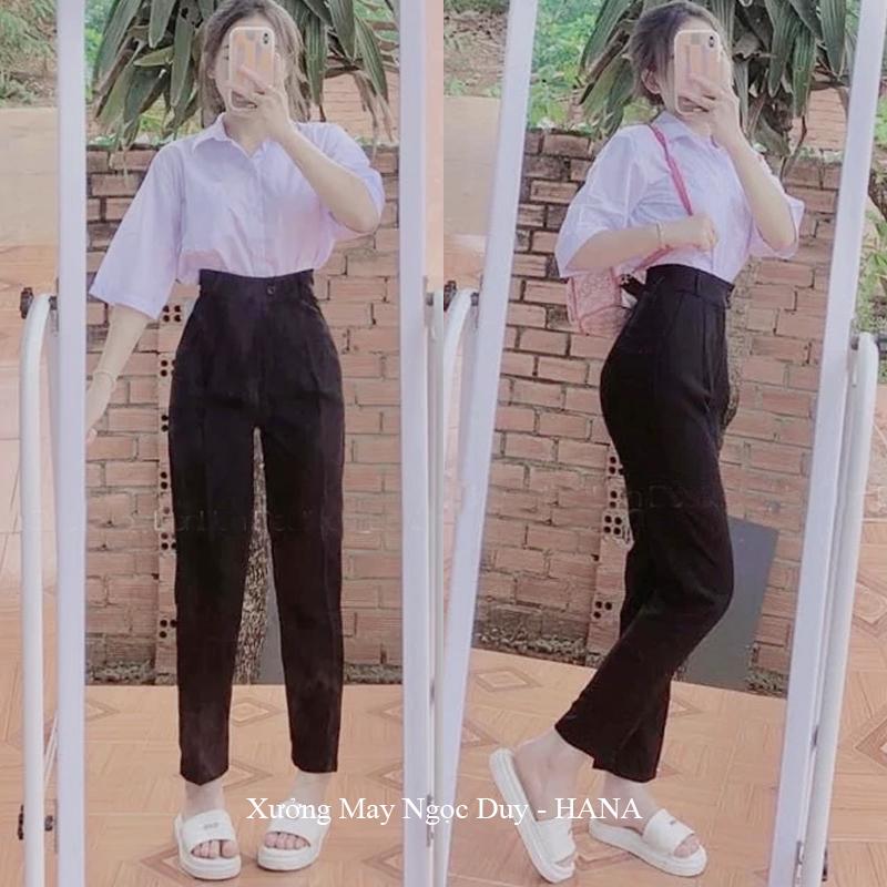 Quần tây cấp 3 2 đi học nữ m50 m55 m60 nút giữa lệch ống đứng suông dài đáy cao - Màu Xanh Đen - Chất vải tuyết mưa dày mềm