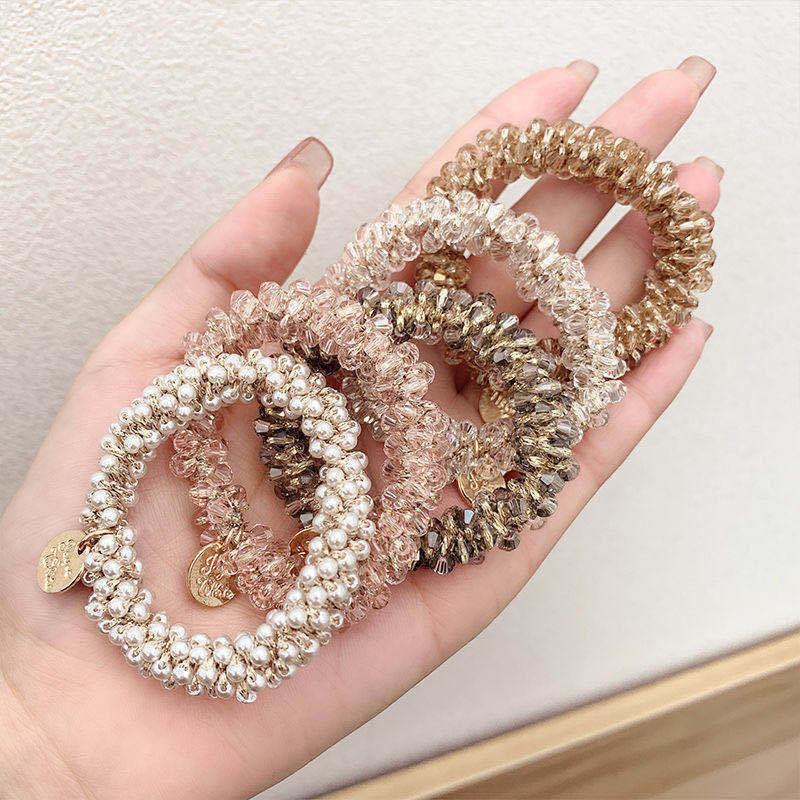 Product Introduction of Korean Simple Temperamental Bracelet Dual-Use Instafamousrubber Band Sweet Headwear Vintage Pearl Head Rope Hair-Binding Crystal Hair Tie 7
