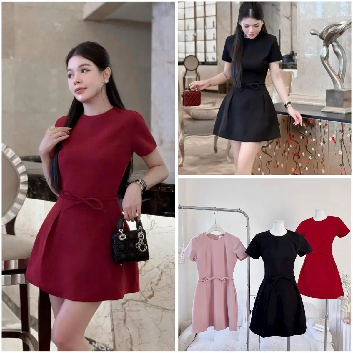 ( Sam’s Clothing ) Đầm nữ tay ngắn cổ tròn xếp li xoè nơ eo dáng ngắn nữ tính  Women Dress