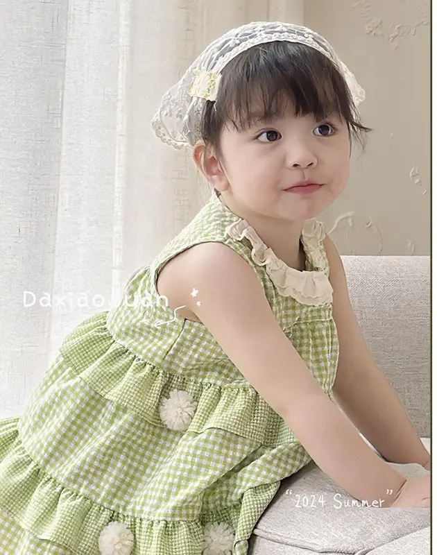 E408 Đầm công chúa sát nách xanh cổ phối ren trắng gắn bông siêu xinh chất thô mềm cho bé gái đi học đi chơi, đi đám cưới | EMBESTIHON 4