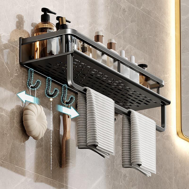 Wall Mounted Bathroom Storage Rack, 1 Count Metal Bathroom Toiletries Storage Shelf, Bathroom Drain Storage Rack with Rod, Bathroom Organiser, Household Towel Holder 5