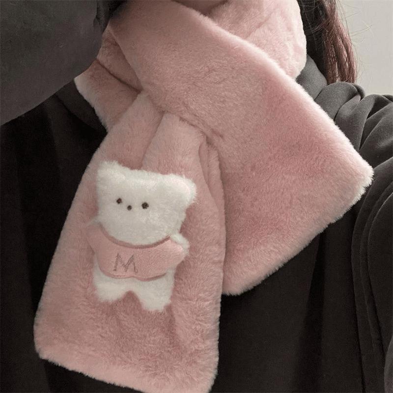 Product Introduction of Korean Cartoon Bear Plush Scarf Warm Comfortable Cross Neckerchiefs Thicken Plush Scarves Girl 11