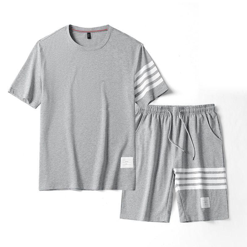 Product Introduction of 2023 New Summer Casual Set Korean Style Trendy Four-Bar Shorts Casual Sports Short T-Shirt Round Neck Short Sleeve Men's Clothing Closed 12
