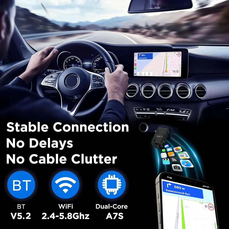 Wireless Car Adapter, Car Wireless Adapter, Plug & Play Car Adapter, Compatible with iPhone & Android, Support Car Original Control 4