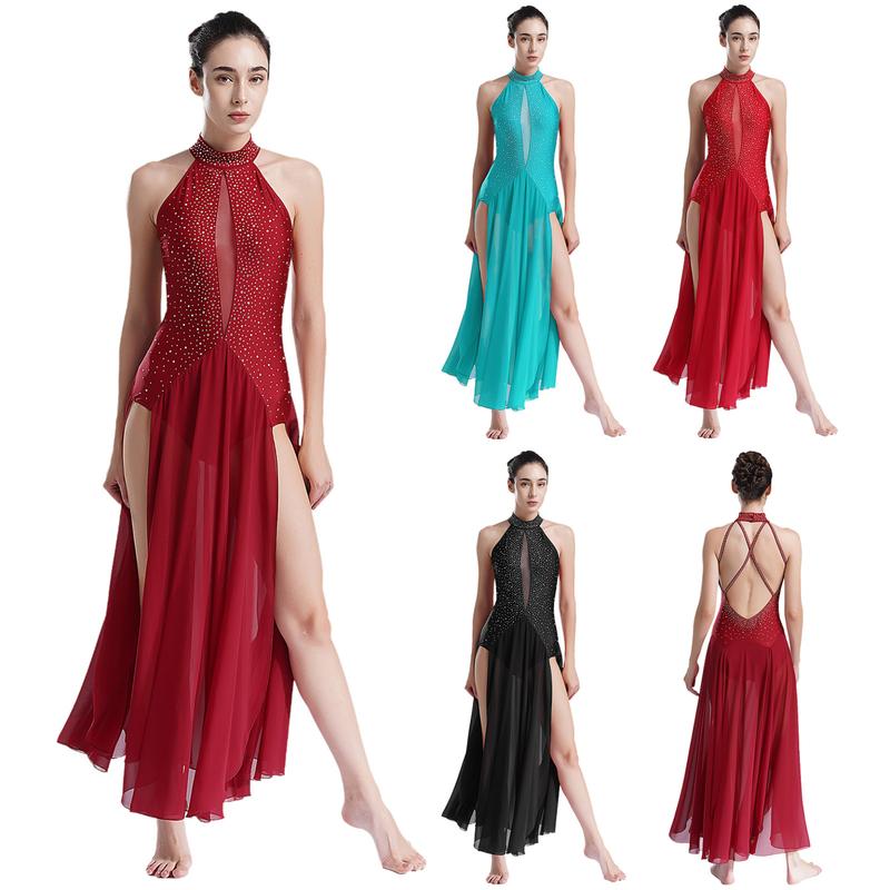 Jizyo Women Lyrical Dance Dress Halter Strappy Back Leotard Mesh Split Maxi Skirt Modern Dance Costume 0