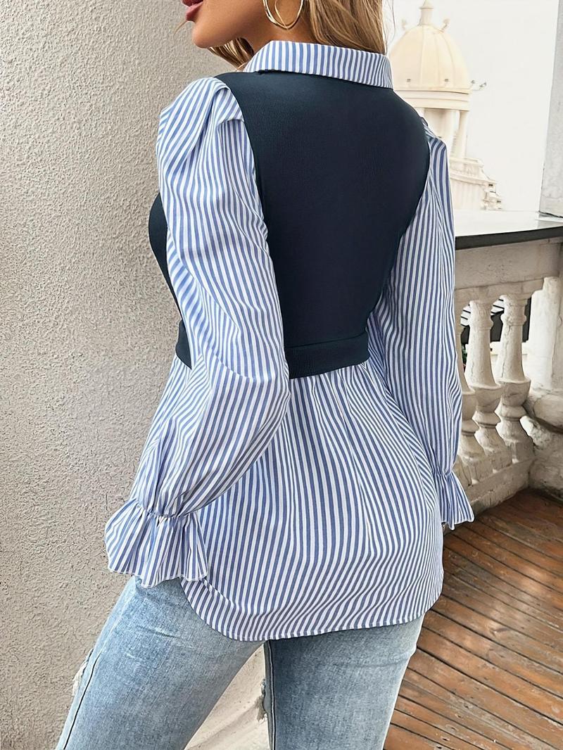 Product Introduction of Women's Striped Print Blouse, Elegant Long Sleeve Collared Top for Spring & Fall, Women's Clothing for Daily Wear 6