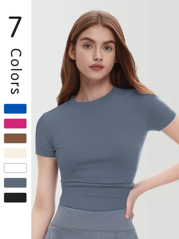 Women's Solid Color Round Neck Compression Sports Tee, High Stretch Breathable Quick Drying Short  Sleeve Crew Neck Top for Gym Workout Running, Ladies Sportswear for Indoor Outdoor Wear 6