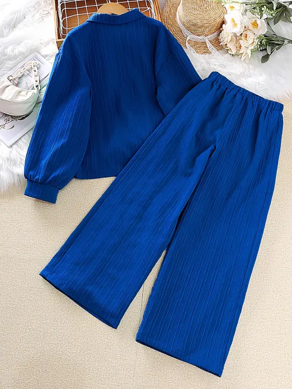 Two-Piece Set Teen Girl's Solid Button Front Lantern Sleeve Blouse & Elastic Waist Pants Set, Casual Long Sleeve Collared Top & Trousers for Fall & Winter, Kids Clothes for Daily Wear 1