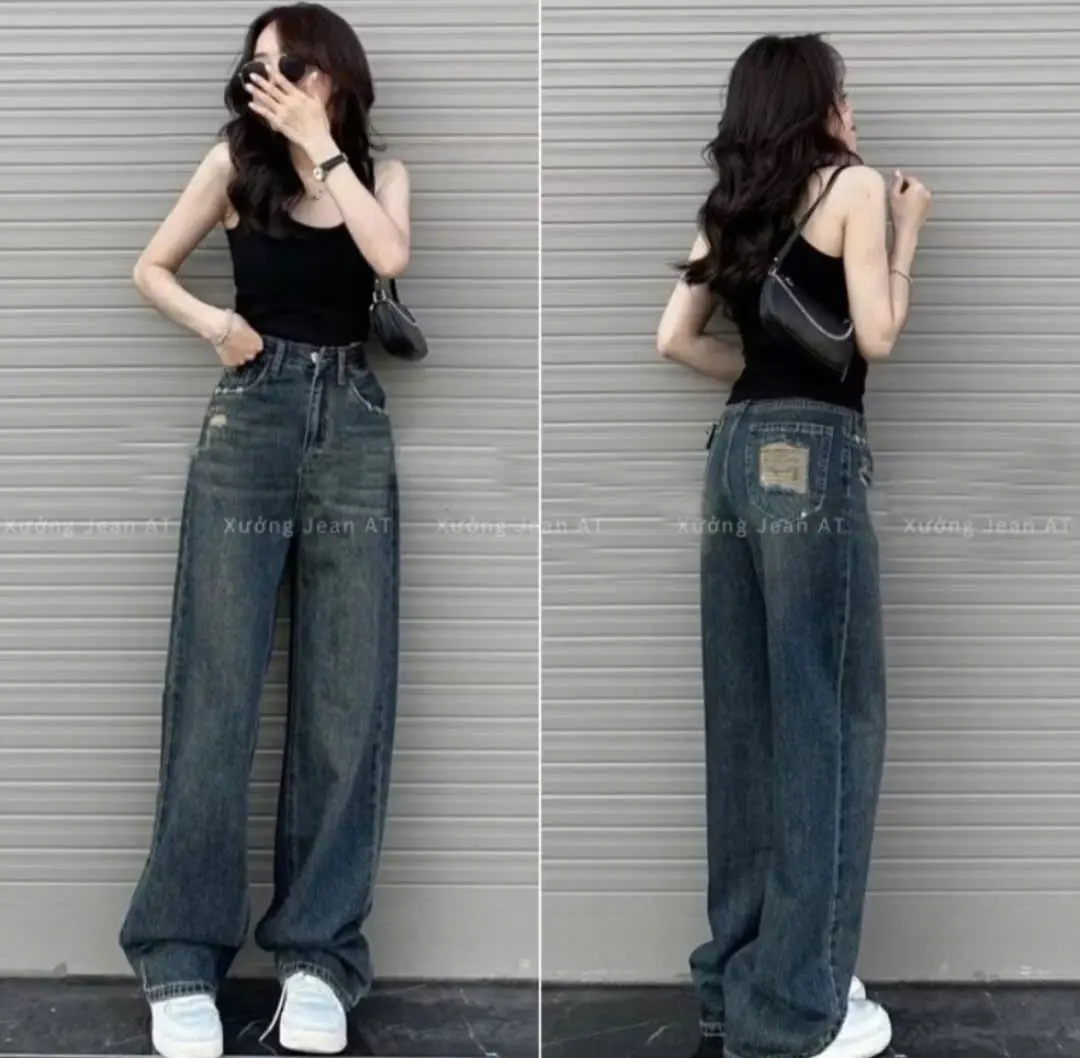 QUẦN BÒ JEANS DÁNG SUÔNG DÁNG DÀI CẠP CAO RÁCH TÚI SAU ,QUẦN JEAN  ỐNG SUÔNG CỰC ĐẸP L1