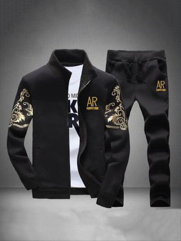 Men's Plush Lined Letter Embroidery Pocket Zip Up Jacket & Drawstring Waist Sweatshirt Set, Thermal Warm Casual Comfy Long Sleeve Stand Collar Outerwear & Pocket Trousers Set for Spring & Fall, Men's Two-Piece Outfits for Daily Wear 6