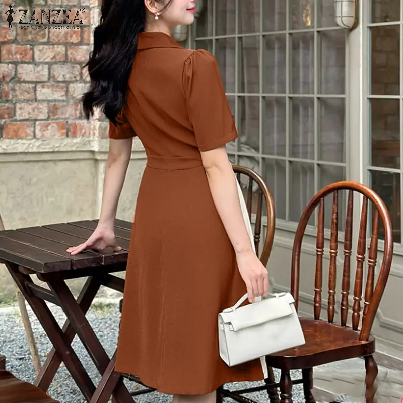 korean knee length dresses ZANZEA Korean Style Women Fashion V-Neck Raglan Sleeve Dresses A-Line  Stitching Color Knee Length Dress*