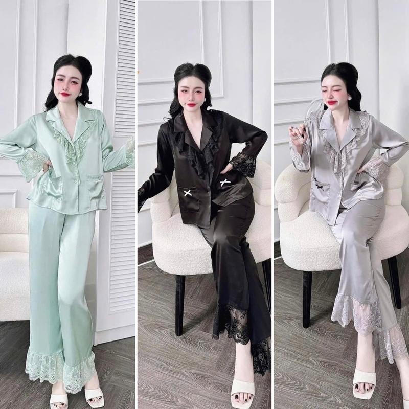 Bộ lụa la tin tiểu thư 2 túi tay dài mặc Tết  Nữ Women Áo pijama Nhung Thun